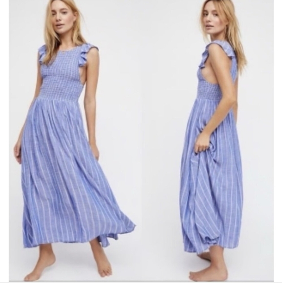 Free People Chambray Striped Dress Pastel Blue Smocked Waist Ruffle - Picture 3 of 7